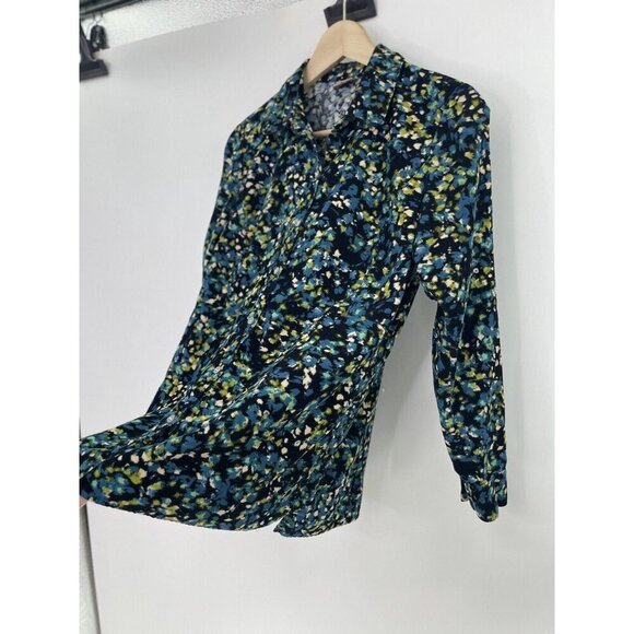 J.Jill Teal & Navy Floral Printed Corduroy Button-Up Long Sleeve Top Shirt Sz SP - Picture 4 of 11